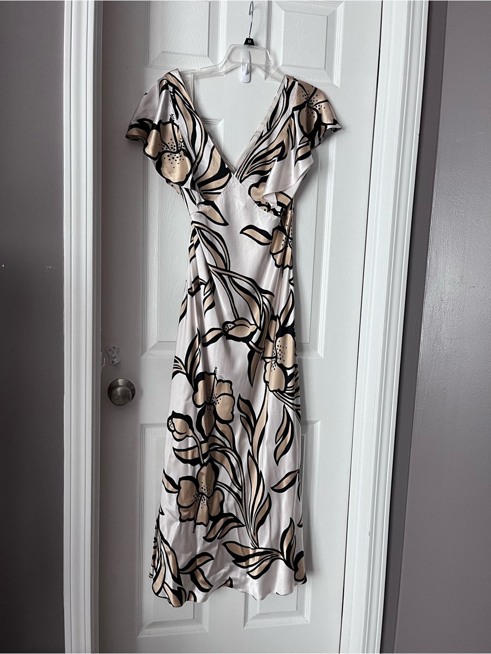 White House Black Market Beige and Black Floral V-Neck Midi Dress